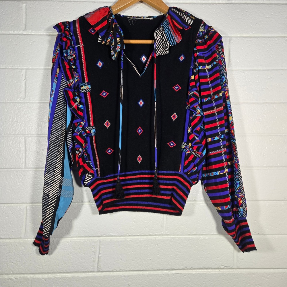 Vtg Abstract Pattern Mix Ruffle Knit Pullover Sweater Blouse Top Multi XL Bright